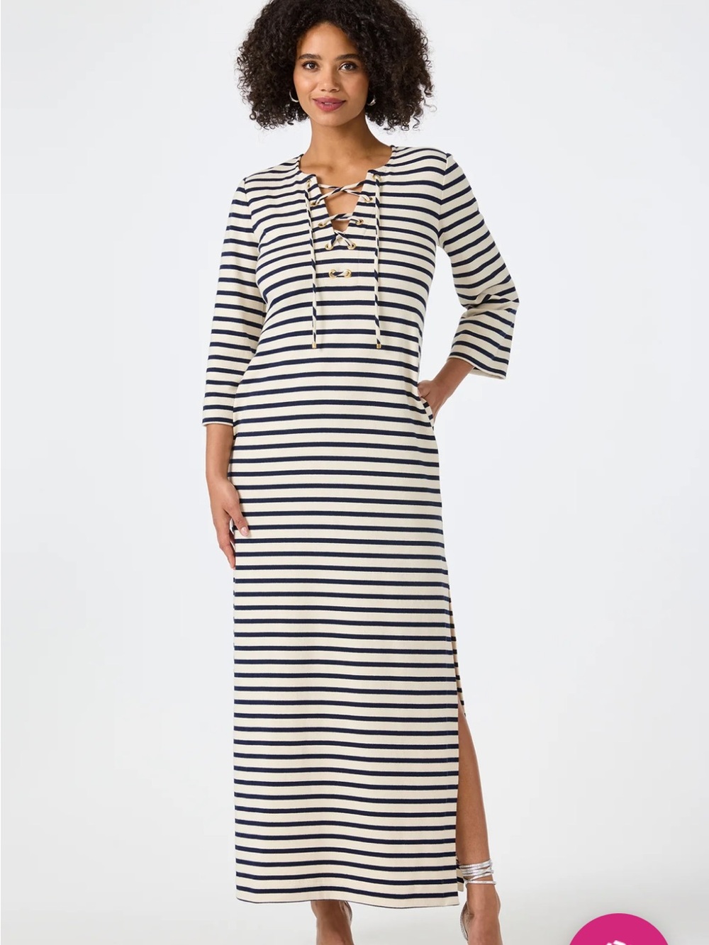Trina Turk Catamaran Navy and Cream Lace-Up Striped Maxi Dress